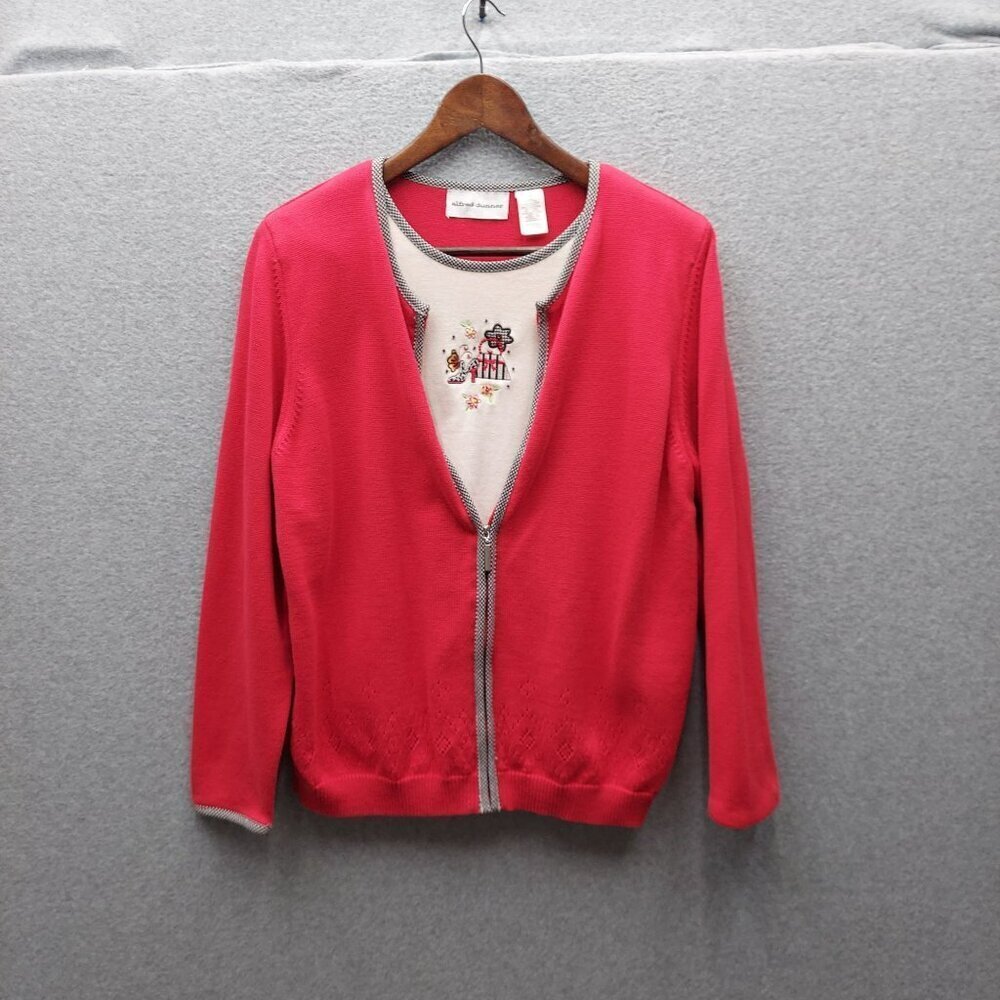 Alfred Dunner Womens Red Embroidered Cardigan Sweater With Contrast Trim Size M